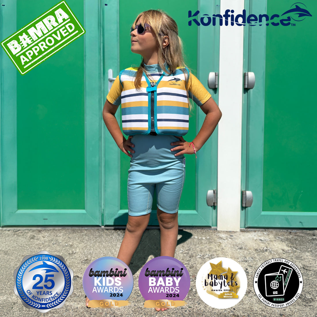 Person wearing a striped life jacket and shorts with various awards and logos displayed.